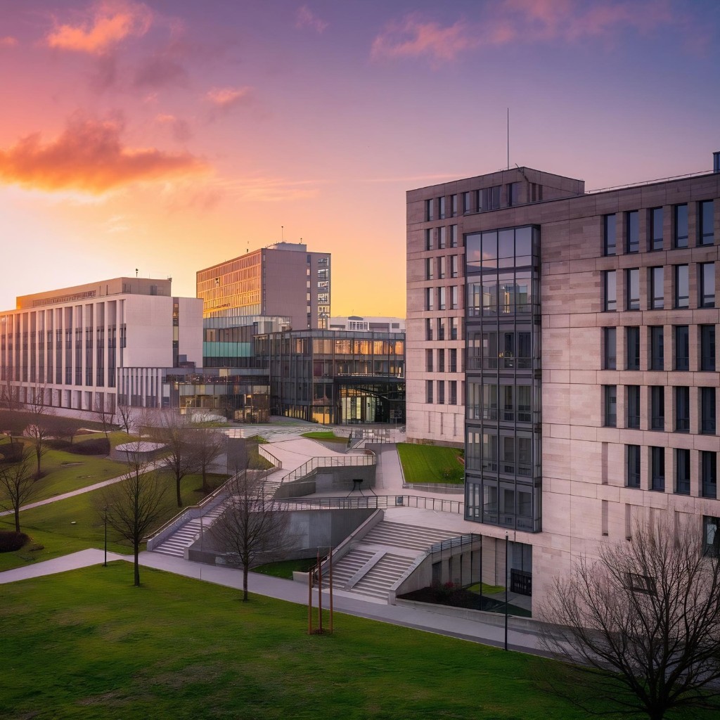 University campus at sunset